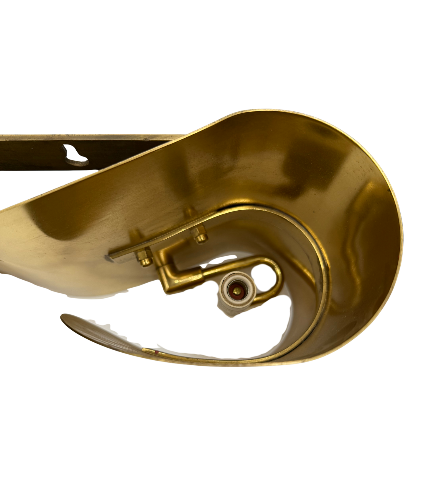 Detailed underside view of Foglio-style brass sconce, showcasing internal solid brass structure and mounting plate.