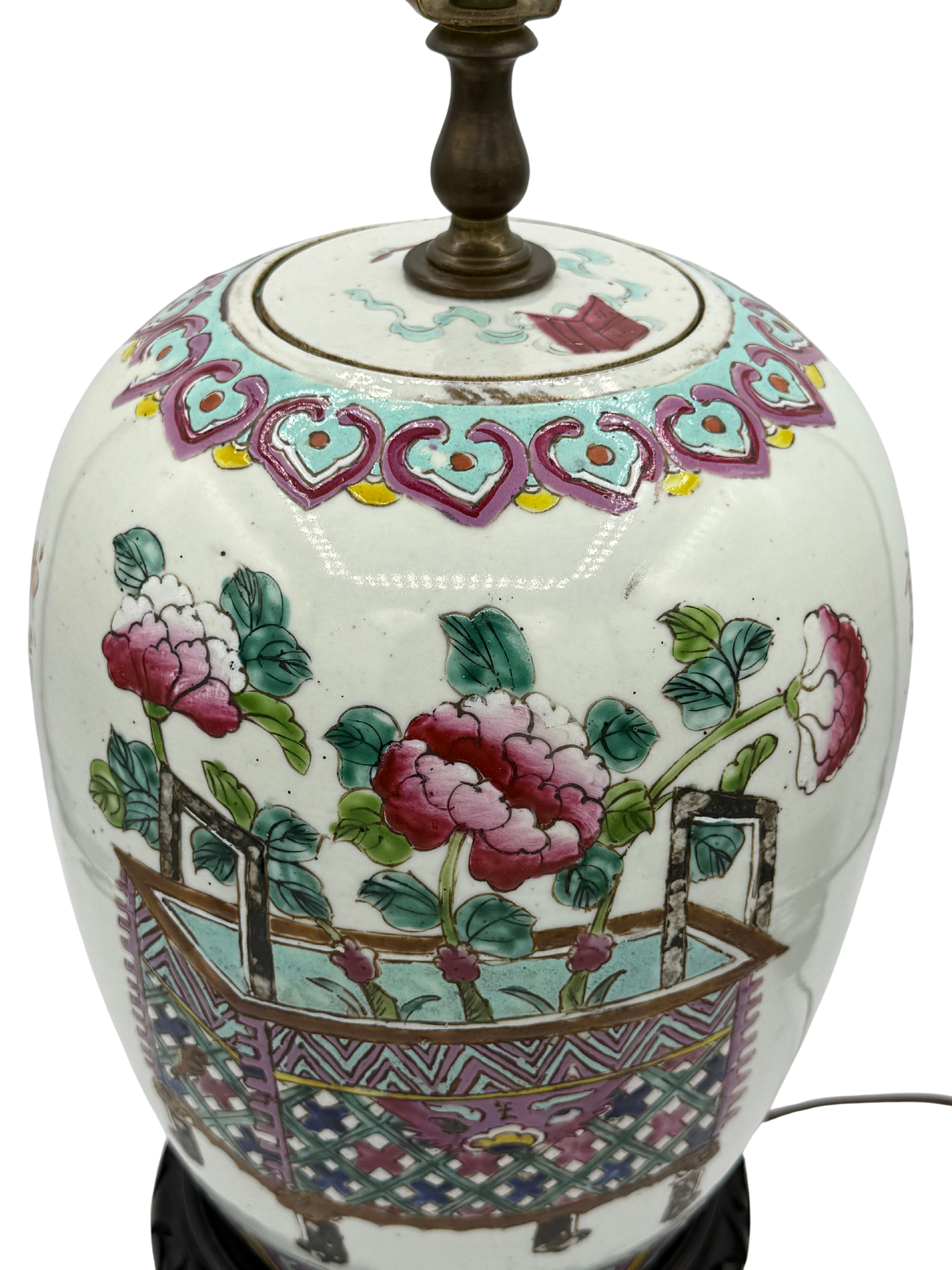 Close-up of Chinese ginger jar lamp with enamel-style glaze, original lid, Greek key and ribbon collar, and Famille Rose peony basket design