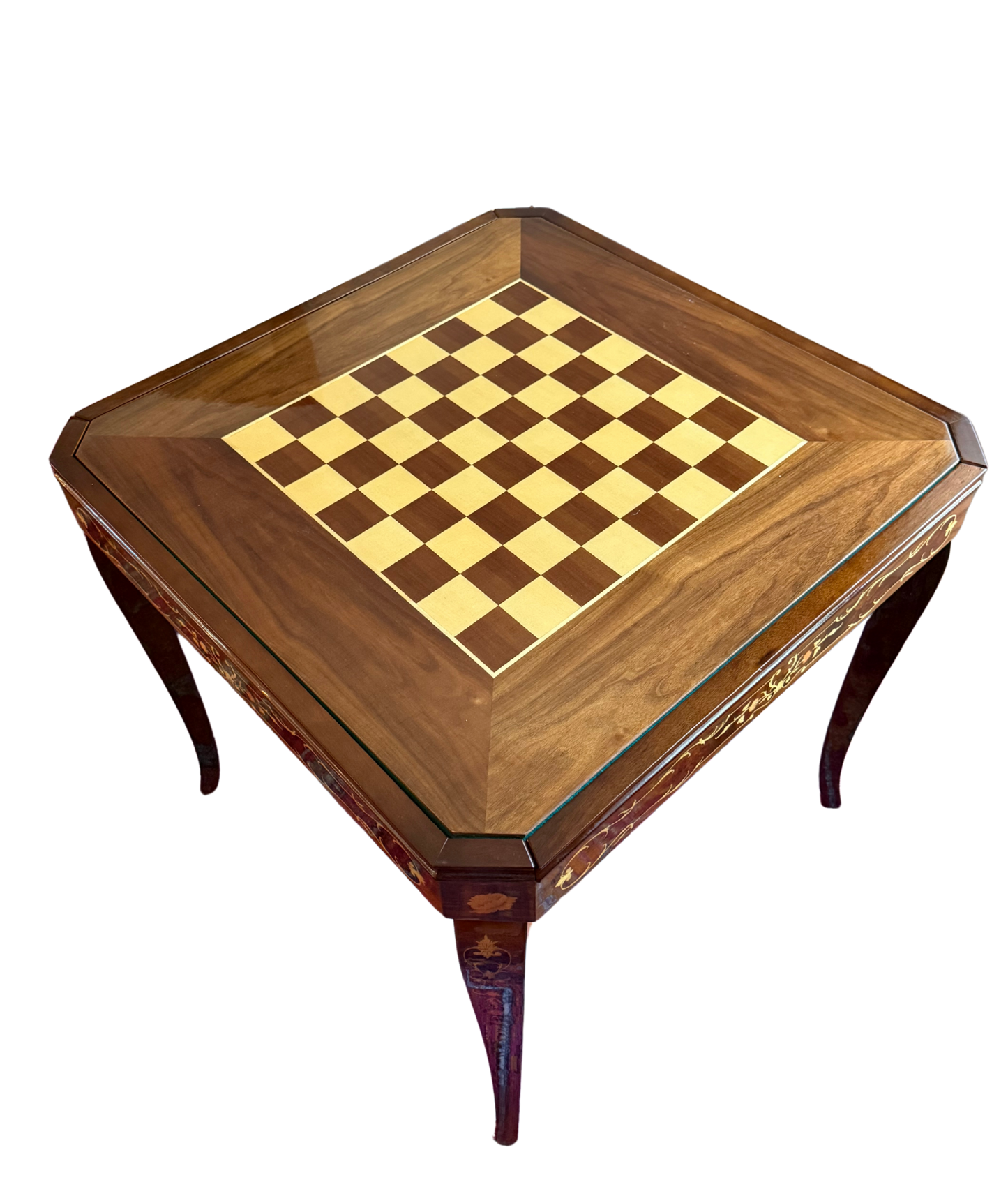 Classic chessboard inlaid in square Italian marquetry table