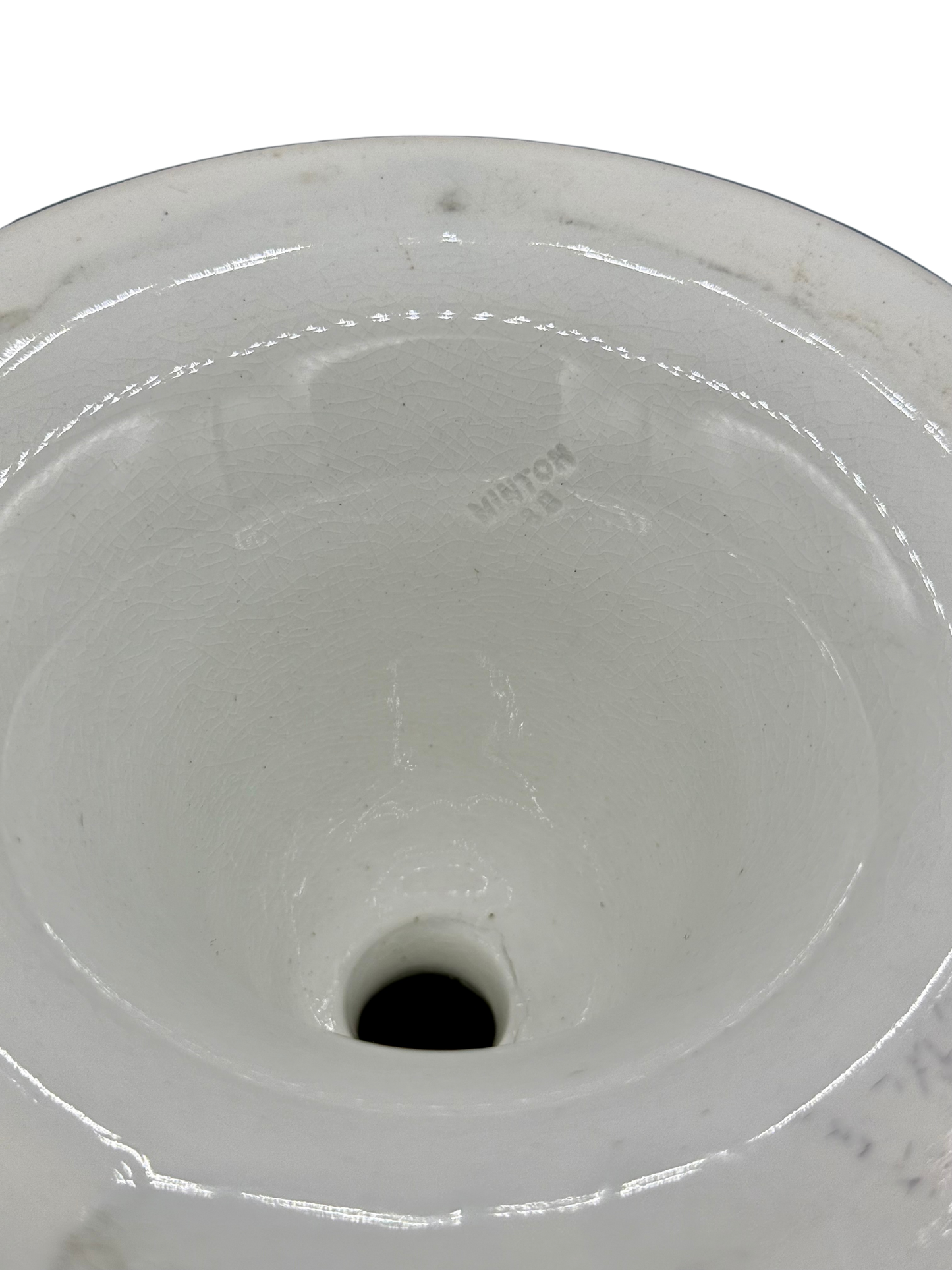 Impressed Minton 8B pottery mark on underside of Victorian ceramic tazza, indicating 1873 date