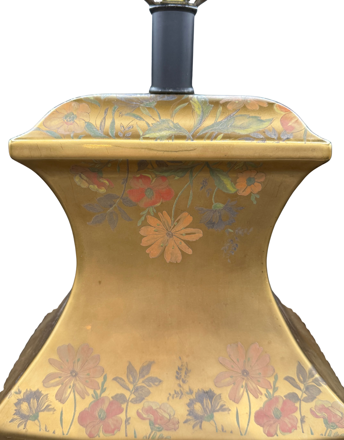 op section of Morris Greenspan lamp showing intricate floral painting and original gold porcelain glaze finish