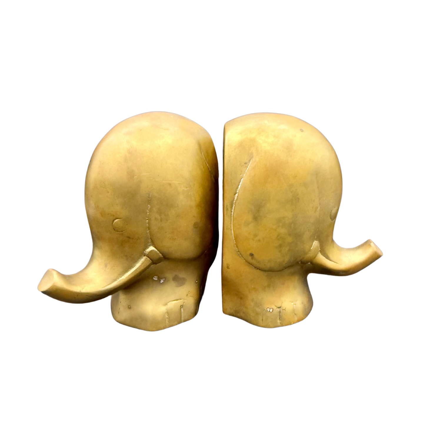 Side view of sculptural brass elephant bookends, modernist 1960s style