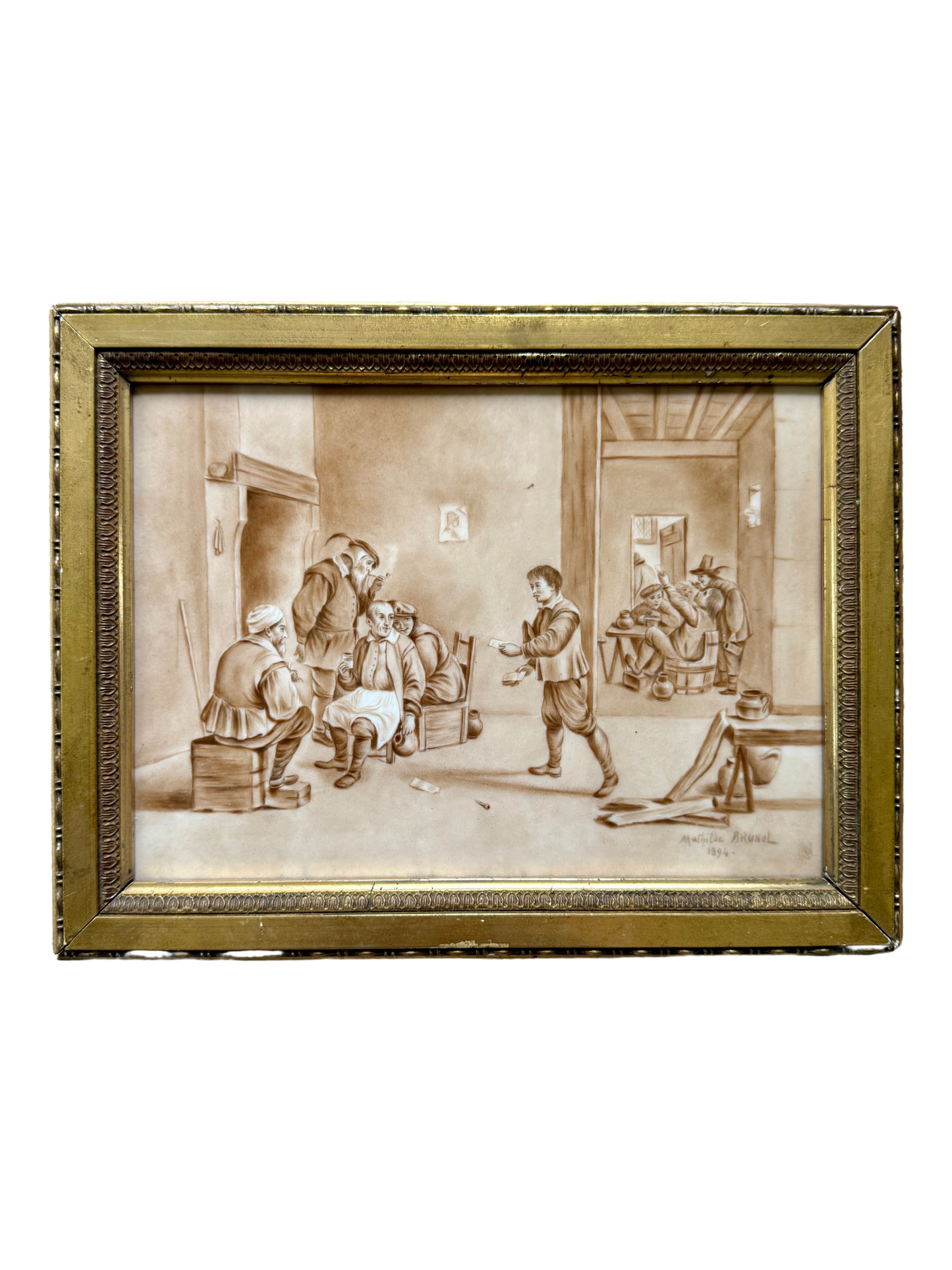 Antique European Tavern Painting on Tile – Signed Mathilde Brunol, 1894