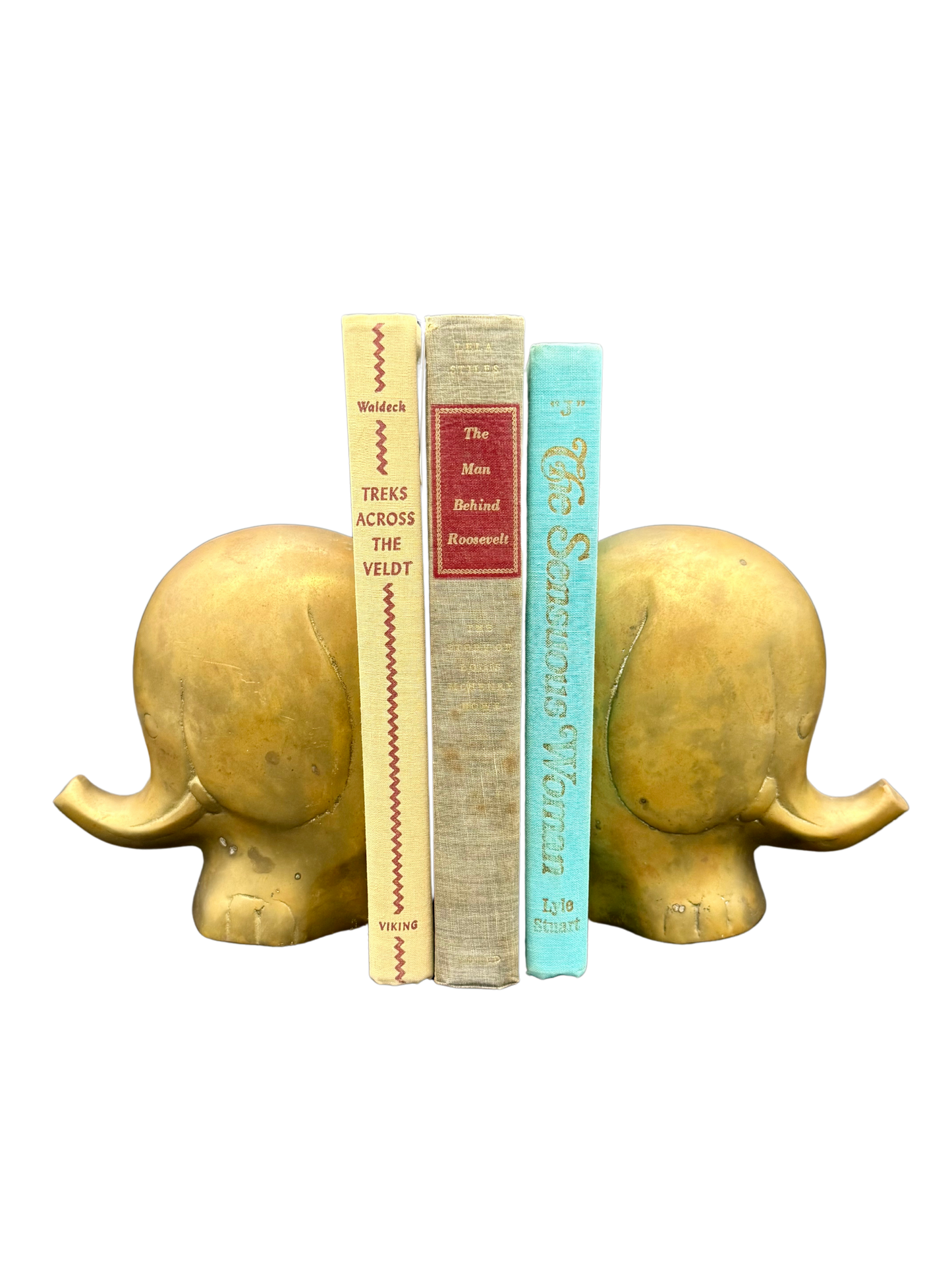 Vintage brass elephant bookends with mid-century modern books, Luigi Colani style