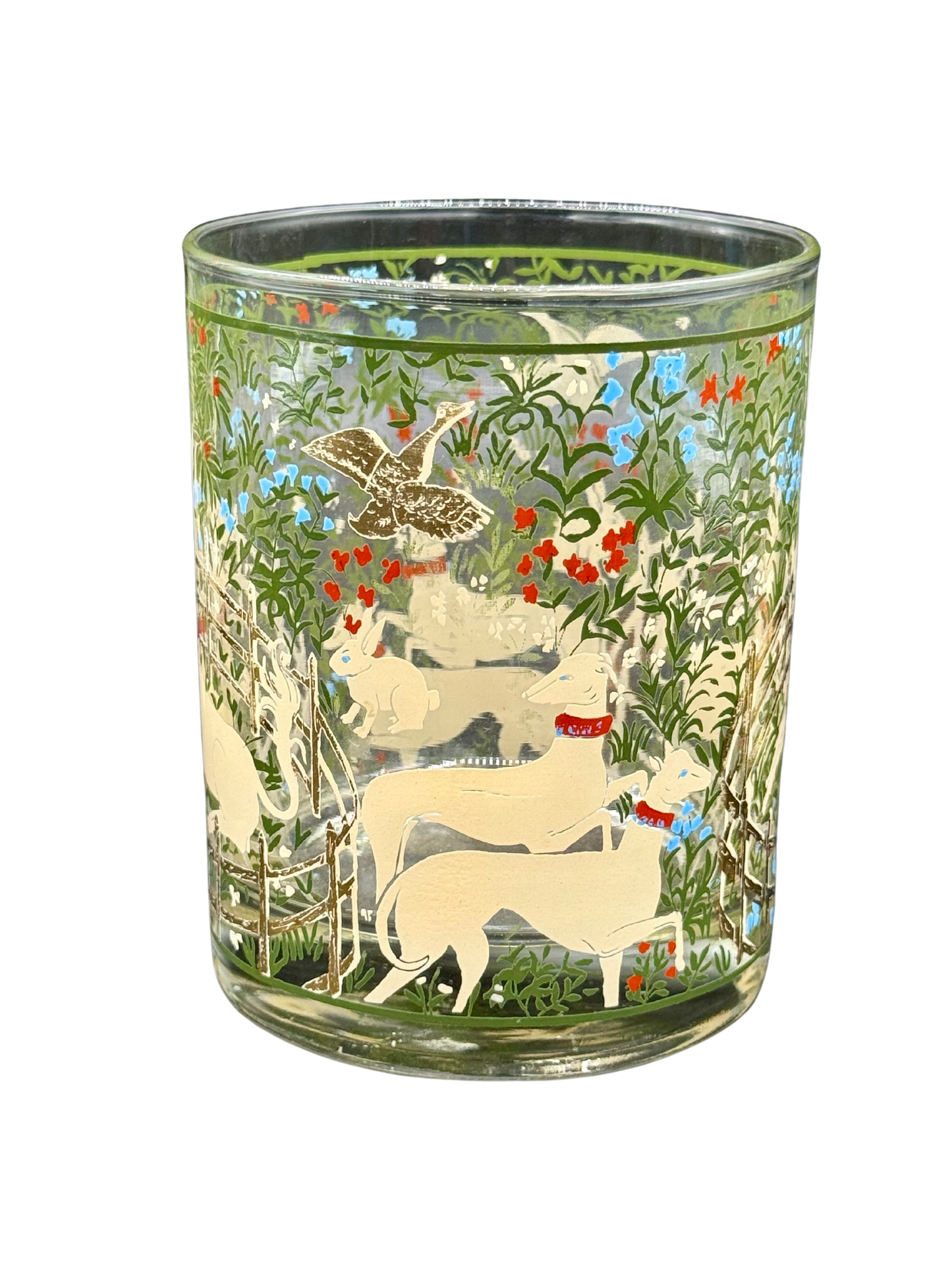 Vintage glass with hound and bird motif, 22K gold detailing and enchanted woodland theme