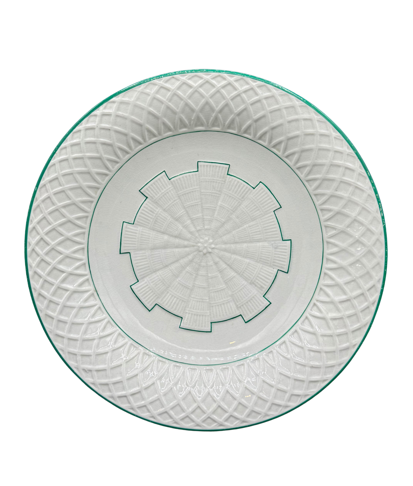 Top view of 19th-century Minton tazza with radial turret motif and basketweave border