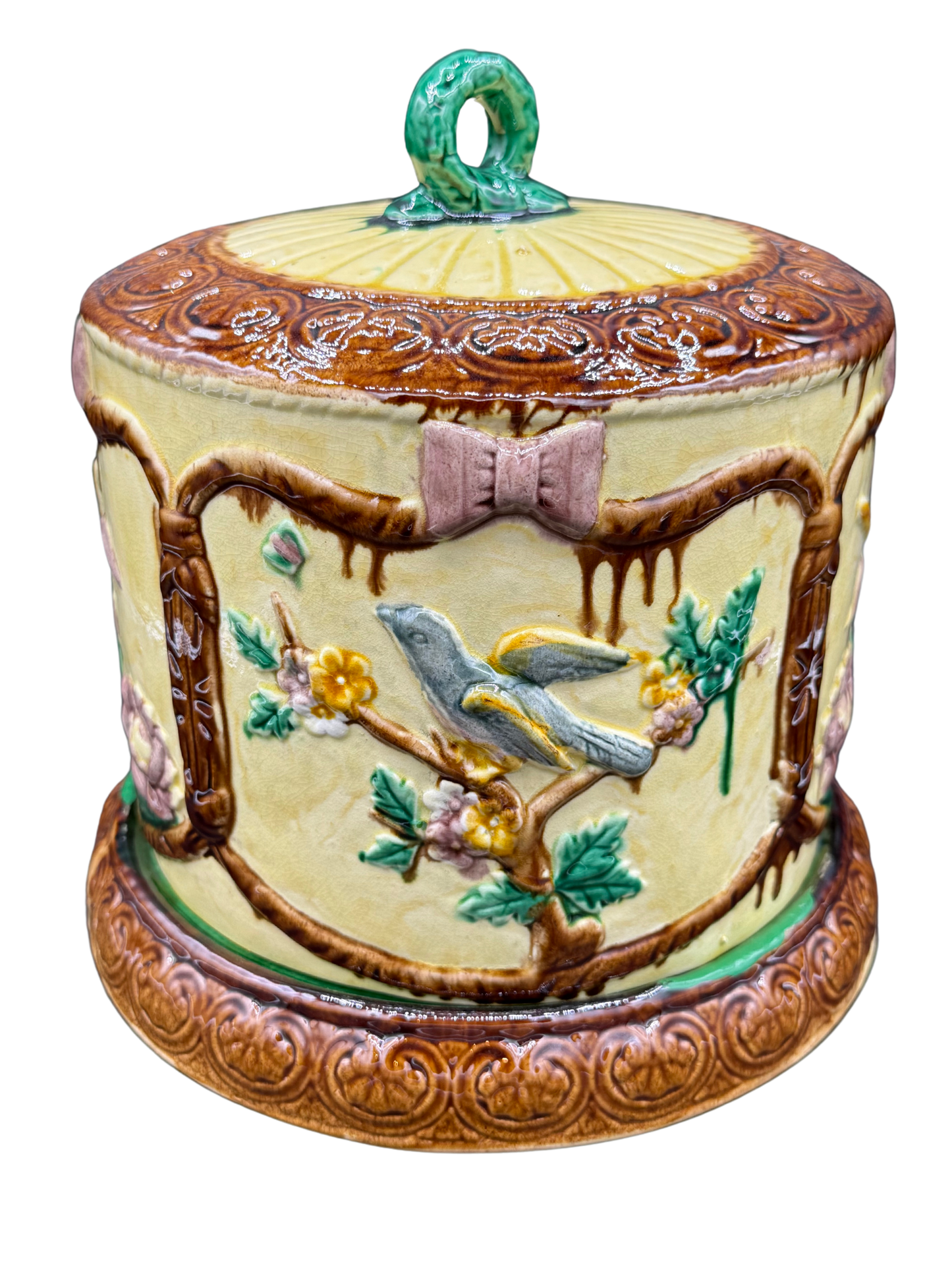 Victorian majolica cheese dome with bird, branch, and floral relief, glazed ceramic c. 1880s