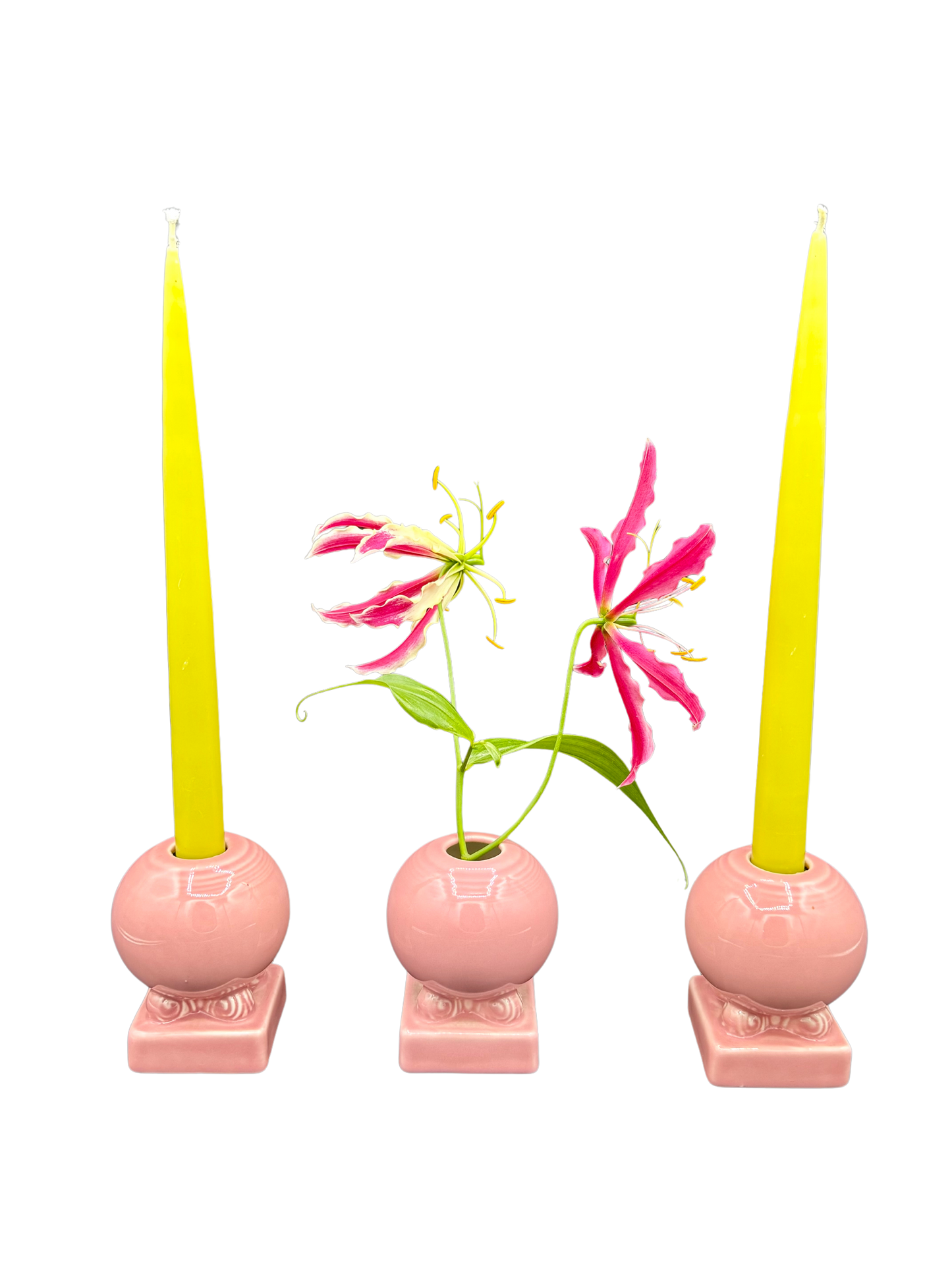 Trio of vintage Fiestaware pink holders styled as two candle holders and one bud vase, creative table styling