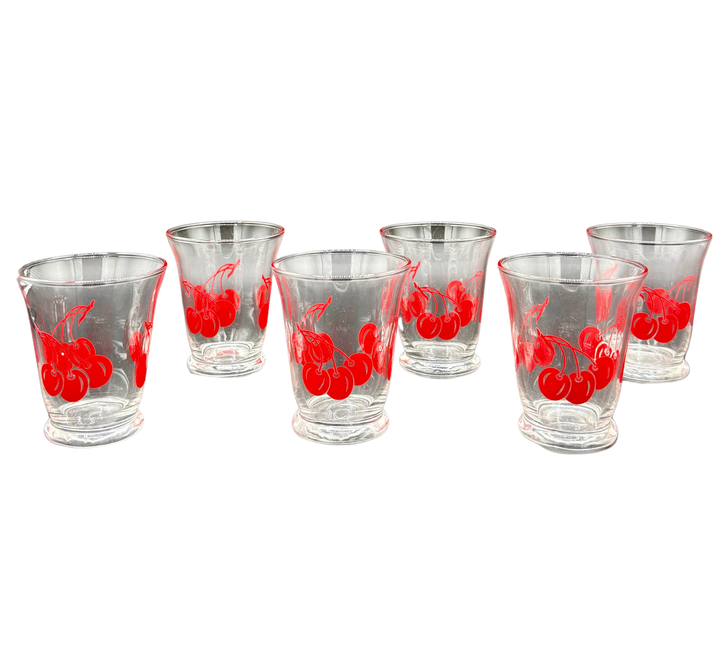 “Set of 6 vintage cherry juice glasses with red cherry print, 1940s–1960s retro glassware”