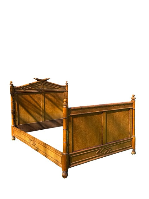 Antique French Faux Bamboo Birds Eye Maple Bed Frame