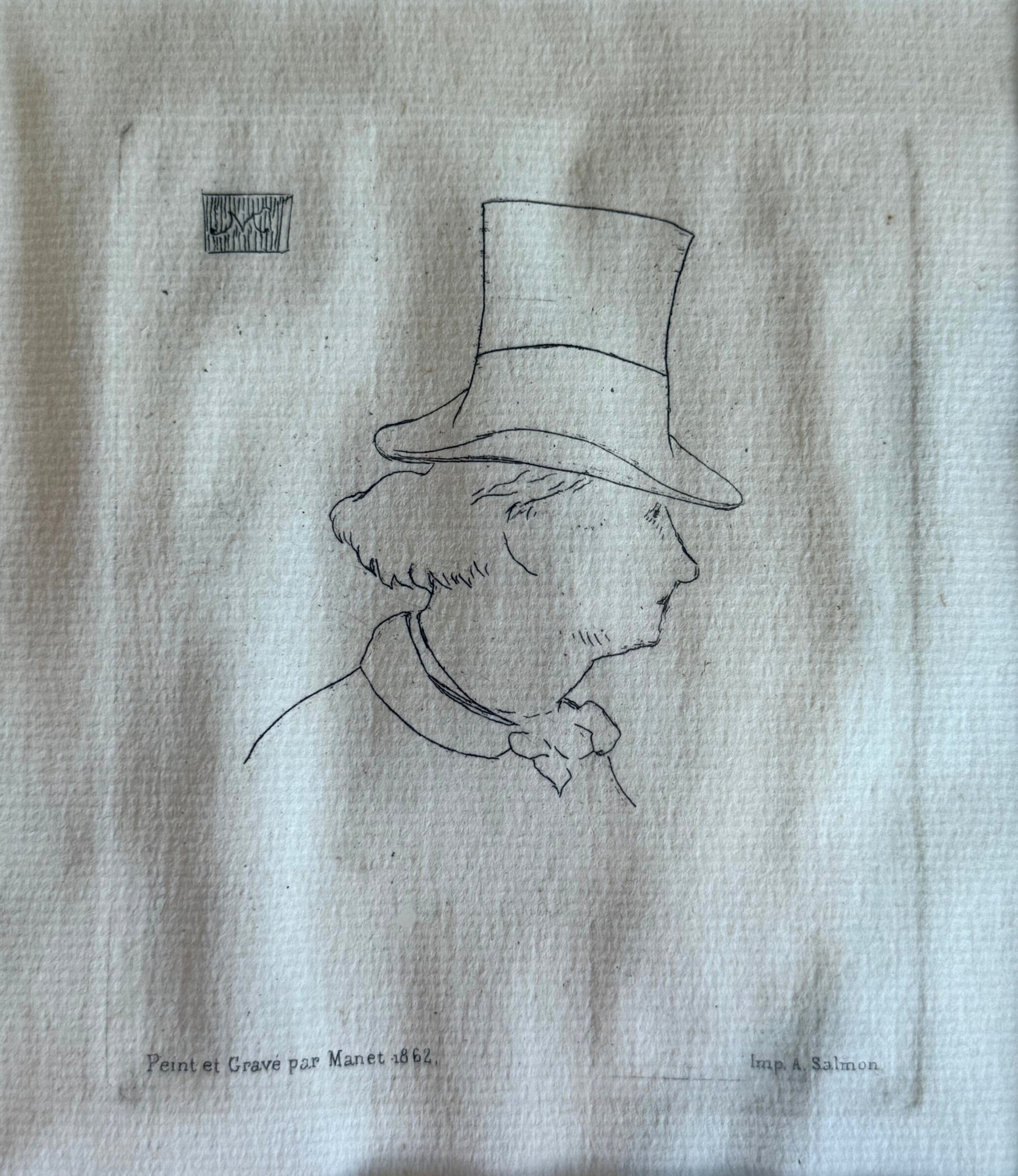 Close-up of 1862 Édouard Manet etching "Baudelaire With Hat," showing fine line work and age-related waviness in antique paper.