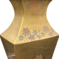 Close-up of hand-painted floral detailing on gold porcelain Morris Greenspan lamp with curved silhouette