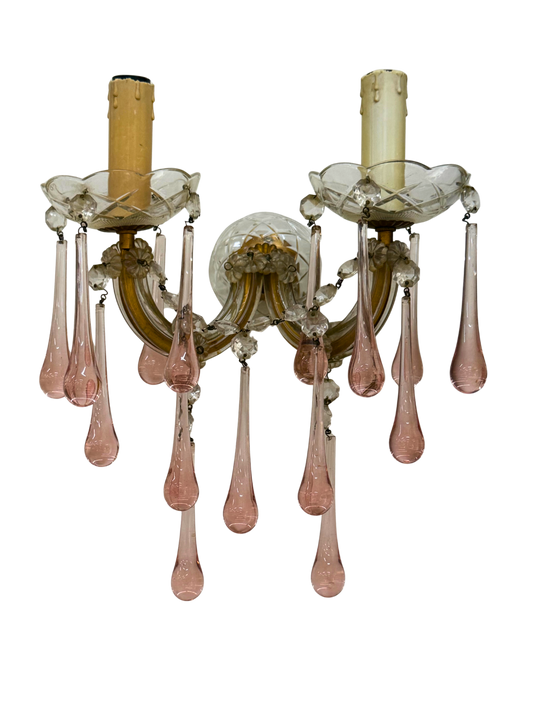 French Pink Apricot Glass Bobeche Wall Sconce – Vintage French Double-Arm Light