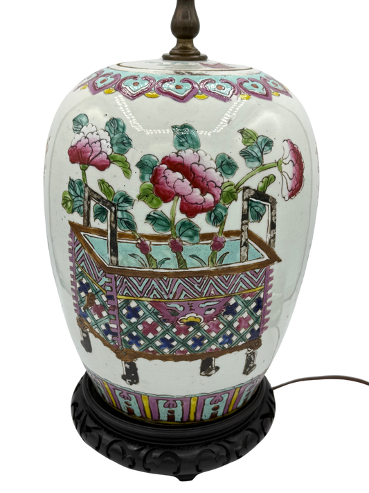 Early 20th-century Chinese Famille Rose ginger jar lamp with original lid, hand-painted pink peonies in a decorative basket, mounted on pagoda-style wooden base