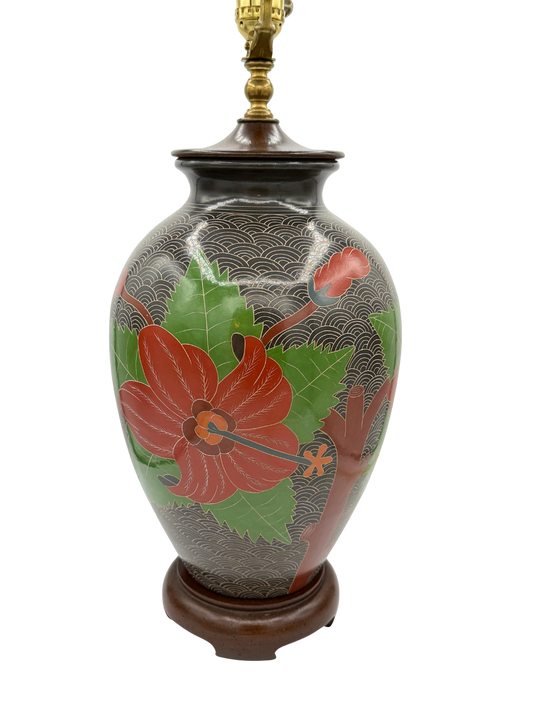 Vintage sgraffito stoneware table lamp with carved red flower and leaf motif, shown without lampshade on wood base