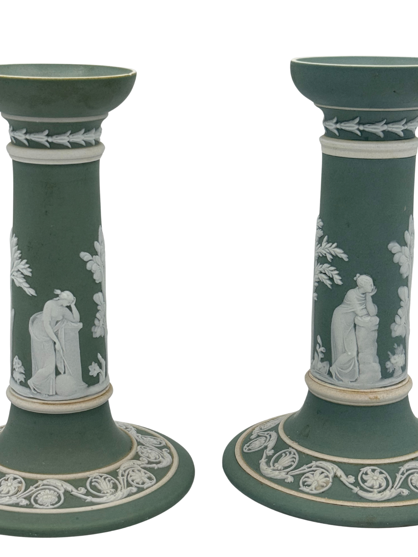 Pair of Antique Wedgwood Sage Green Jasperware Candlesticks