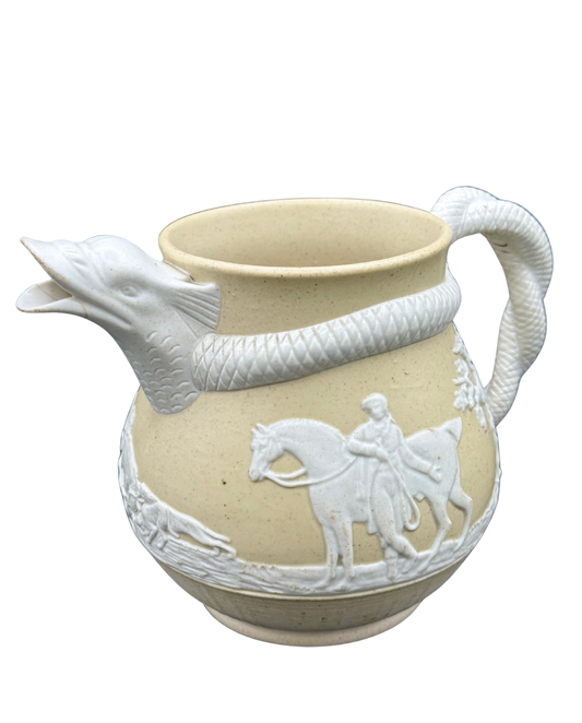 19th-century English stoneware jug with dragon spout and hunting scene, attributed to Stephen Green Imperial Pottery