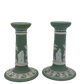 Pair of Antique Wedgwood Sage Green Jasperware Candlesticks