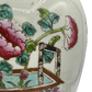 Close-up of Famille Rose brushwork showing hand-painted peonies and patterned basket on vintage Chinese ginger jar lamp