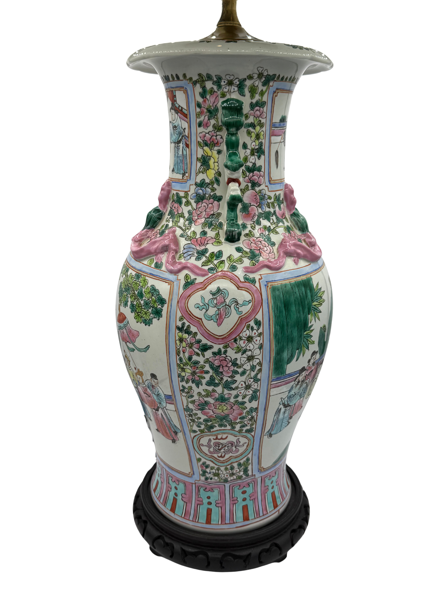 Rear view of famille rose porcelain lamp with intricate floral panels and mythological motifs, mounted on carved wooden base, in rose medallion style.
