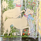 Detail of Marc Cora signature on unicorn glass, showing hounds and forest illustration in 22K gold