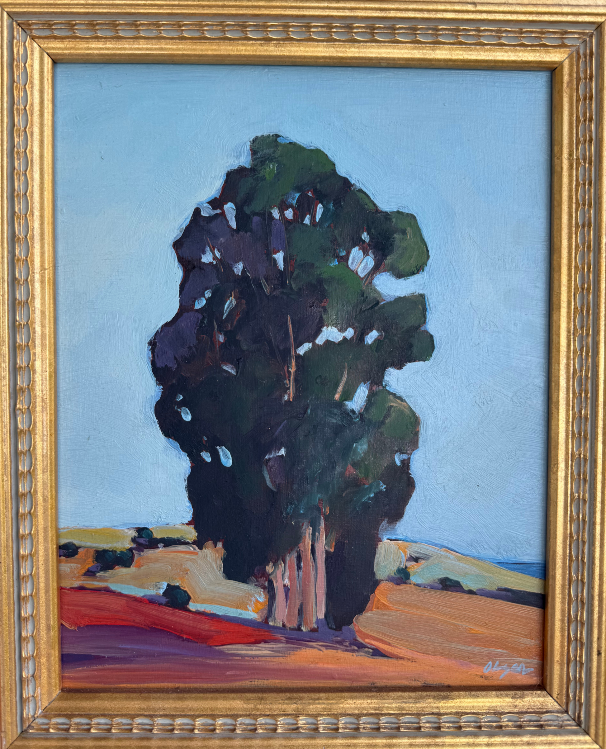 Framed oil painting by Peggy Olsen featuring a bold eucalyptus tree in a California landscape, custom gilt wood frame, 14x12 inches.