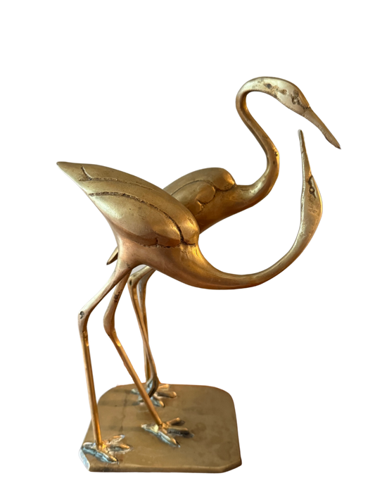 Vintage brass crane sculpture with two birds, mid-century style, rich patina, front view