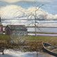 Detail of boat barn with buoys in Maine coast painting