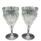 Pair of vintage Seneca Crystal water goblets with etched floral pattern and hand-cut lead crystal, measuring 6.75 inches tall.