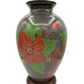 Full front view of vintage sgraffito ceramic lamp with carved floral design and brass light fitting on wood base