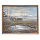 Oil painting of Maine seascape with boat, cabin, and bare trees – signed 1994 by George Gillens III