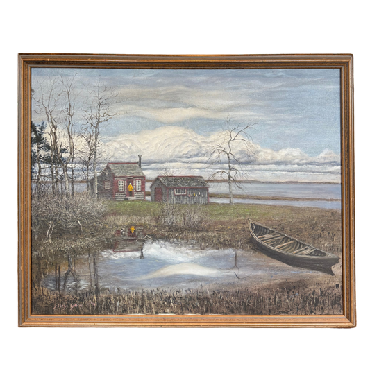 Oil painting of Maine seascape with boat, cabin, and bare trees – signed 1994 by George Gillens III
