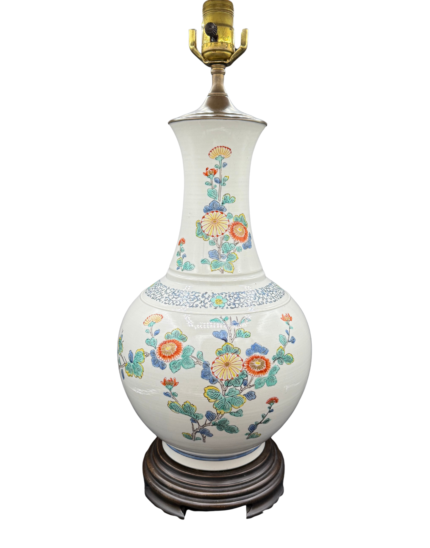 Front view of vintage ceramic table lamp with colorful hand-painted floral design and wooden base