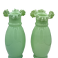 Pair of French Art Nouveau opaline glass vases in pale green with ruffled rims, circa 1900–1920, hand-blown with classic pontil marks and soft gold rim remnants.