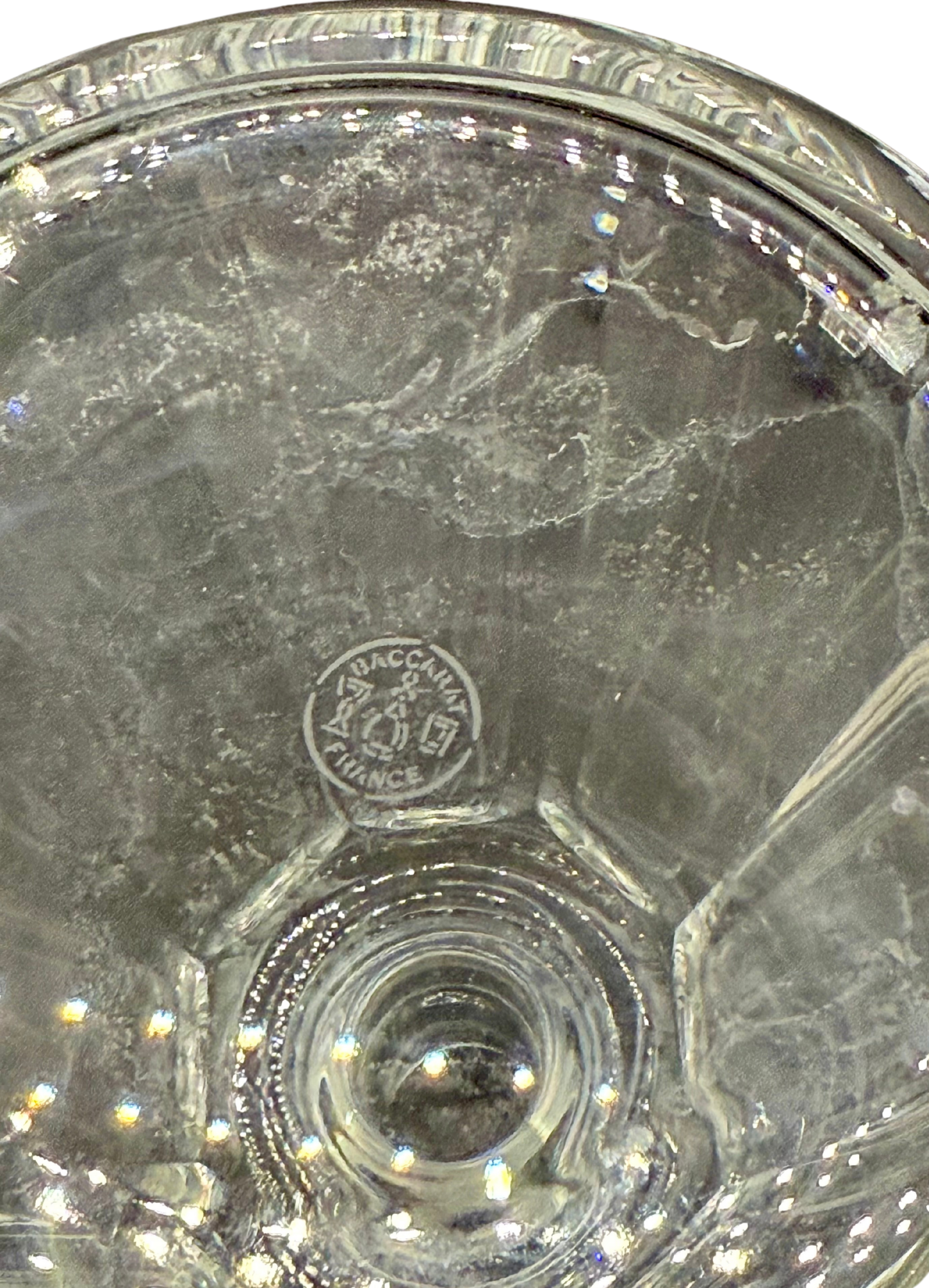 Etched Baccarat France hallmark on base of vintage lead crystal decanter, confirming authenticity