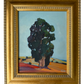 Framed oil painting by Peggy Olsen featuring a bold eucalyptus tree in a California landscape, custom gilt wood frame, 14x12 inches.