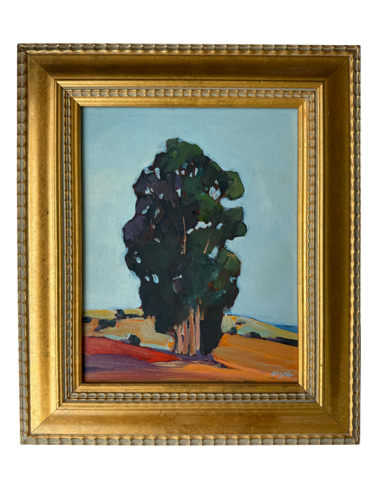 Framed oil painting by Peggy Olsen featuring a bold eucalyptus tree in a California landscape, custom gilt wood frame, 14x12 inches.