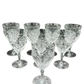 Complete set of 8 vintage Seneca Crystal water goblets with hand-etched floral motif and clear lead crystal brilliance, signed with maker’s mark.