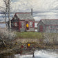 Yellow-coated figure in front of red house, reflected in water – Maine painting by George Gillens III