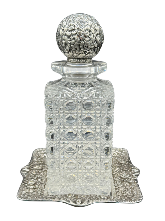 Antique Tiffany & Co. cut crystal decanter with sterling silver repoussé floral stopper and tray, circa 1870–1891