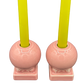 Overhead view of pink Fiestaware candle holders styled with bright taper candles
