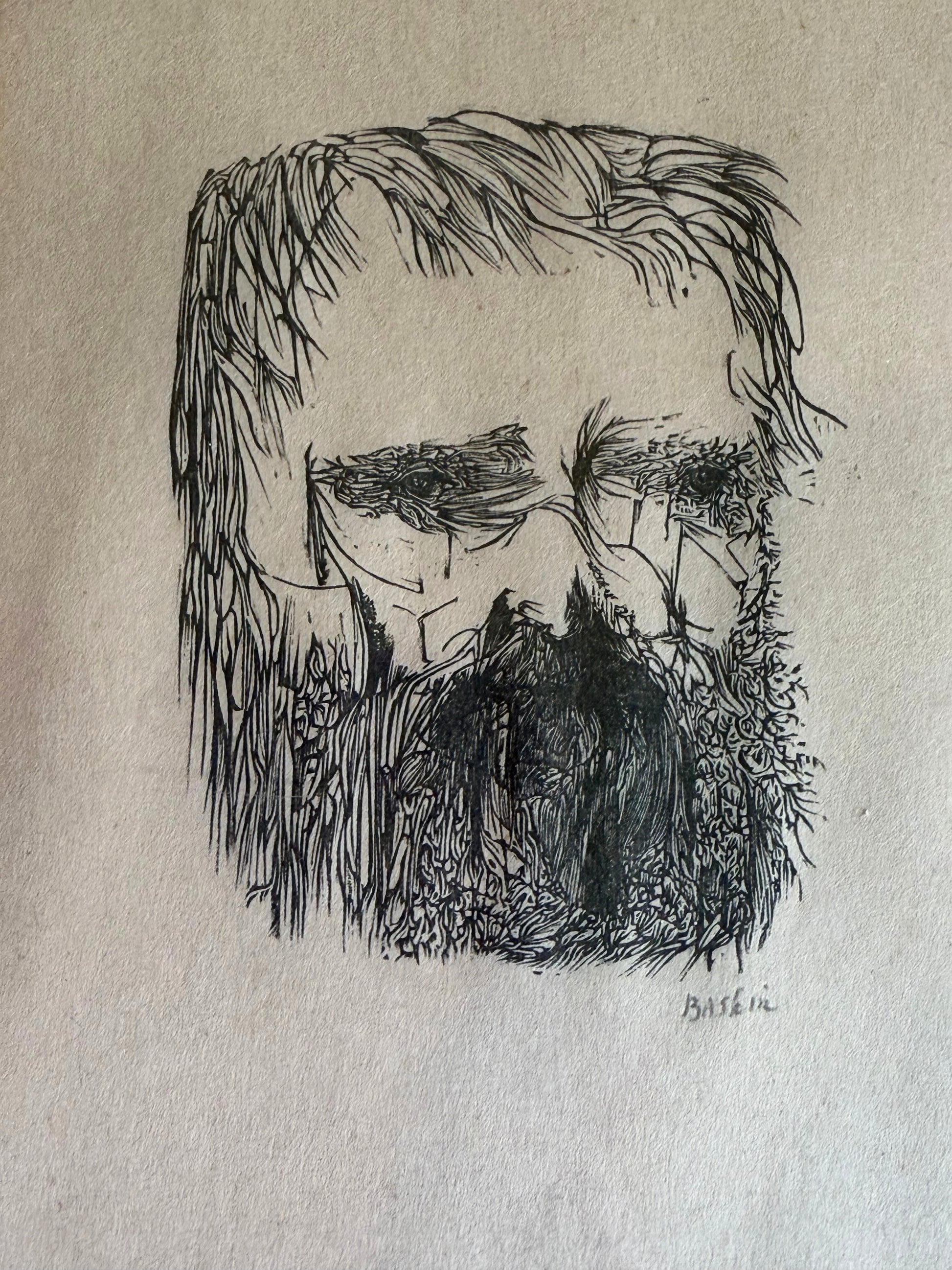Close-up of Leonard Baskin's Portrait of Edward Calvert wood engraving, showing intricate linework and signature at bottom right.