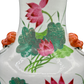 Detail of pink lotus blossoms and green foliage on antique Chinese porcelain vase with orange foo dog handles