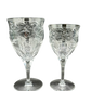 Size comparison of vintage Seneca Crystal goblets – larger water goblet next to red wine glass, both with floral etched design and signature clarity.