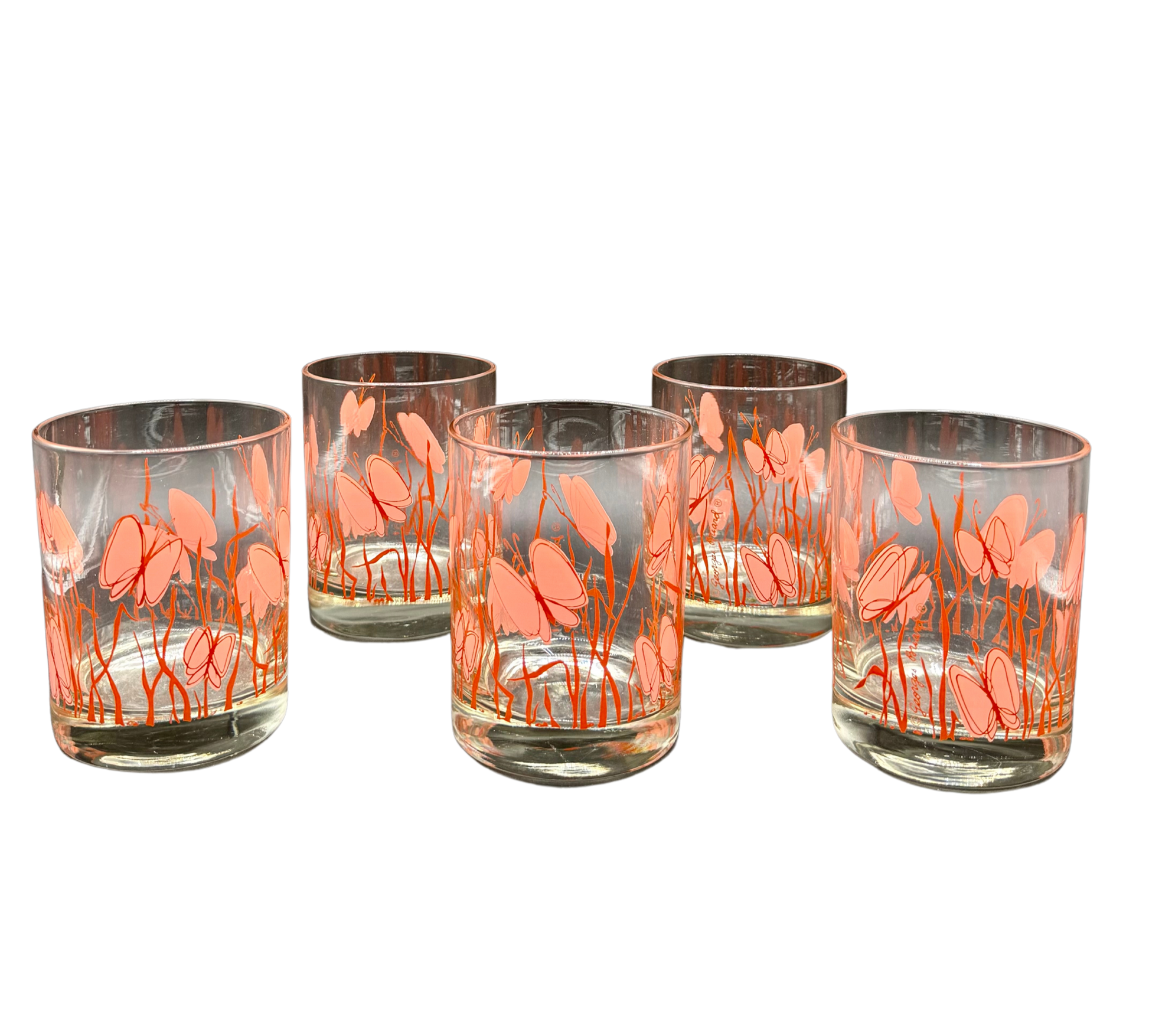 Set of five vintage butterfly glasses by Georges Briard in pink and orange midcentury pattern