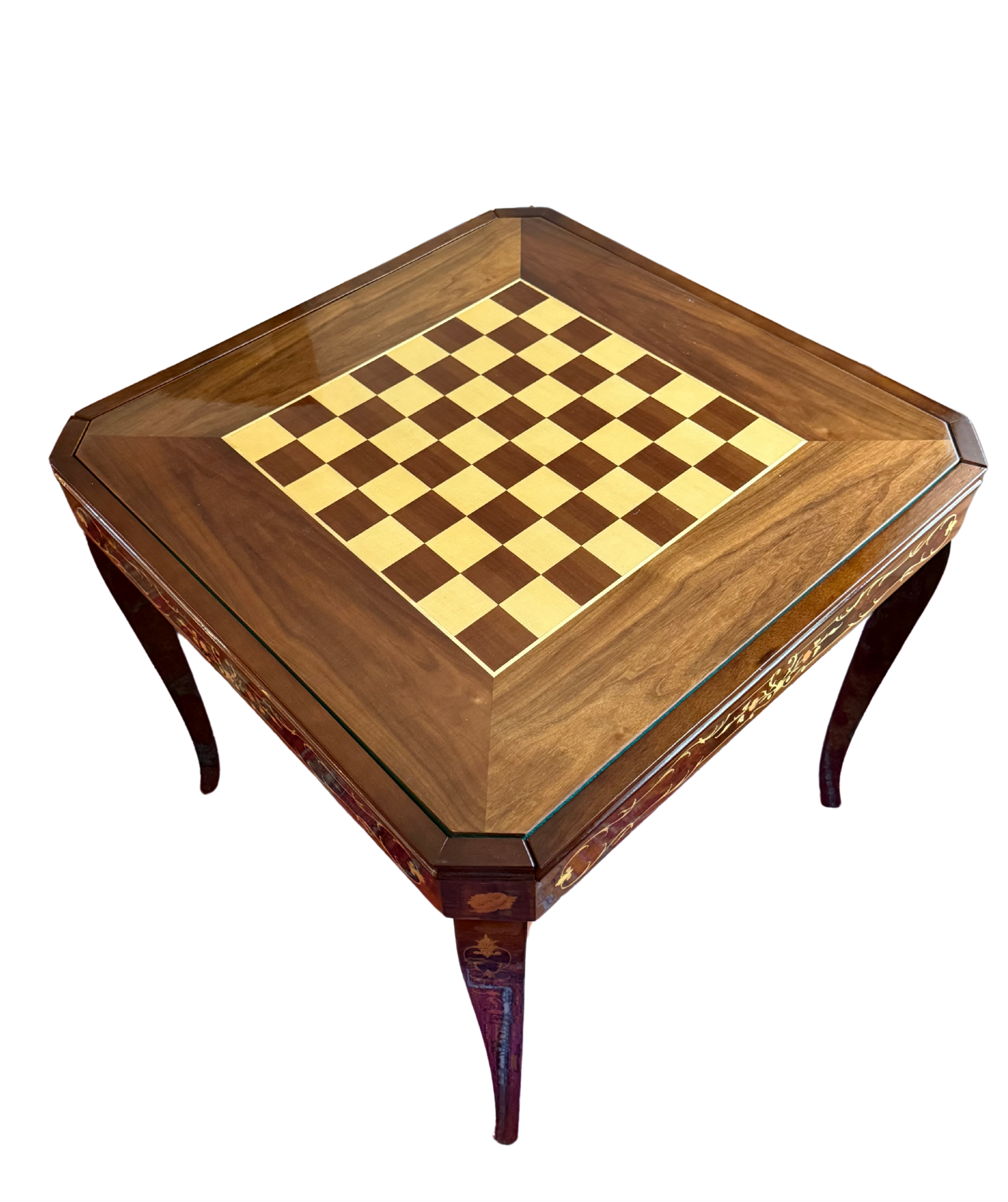 Classic chessboard inlaid in square Italian marquetry table