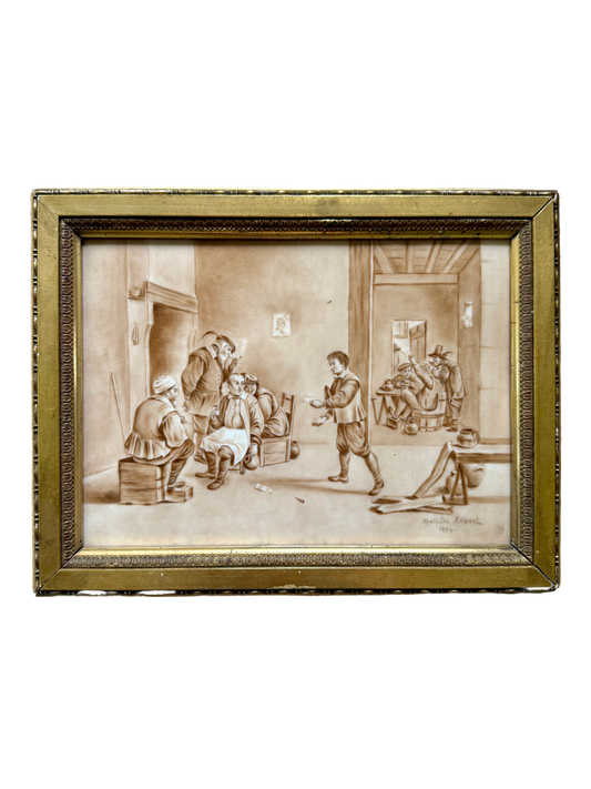 Antique European Tavern Painting on Tile – Signed Mathilde Brunol, 1894