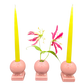 Trio of vintage Fiestaware pink holders styled as two candle holders and one bud vase, creative table styling