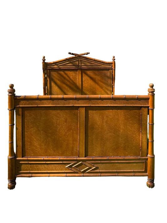 Antique French Faux Bamboo Birds Eye Maple Bed Frame